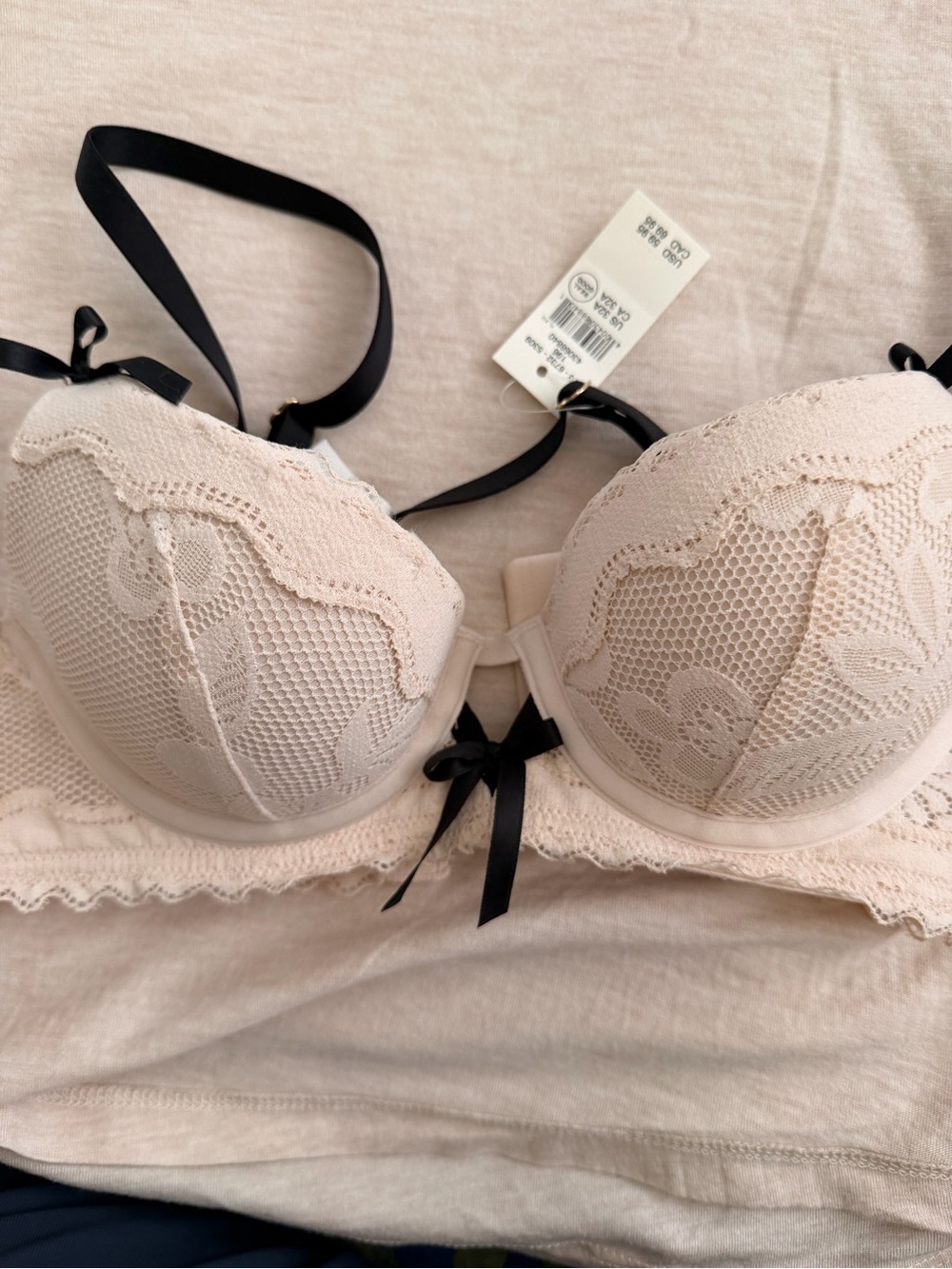 aerie Blush Lace Push-Up Bra with Black Bow Detail